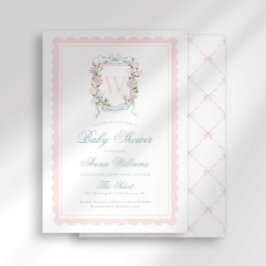 Pink Bow Crest Monogram Baby Shower Kaart