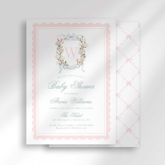 Pink Bow Crest Monogram Baby Shower Kaart