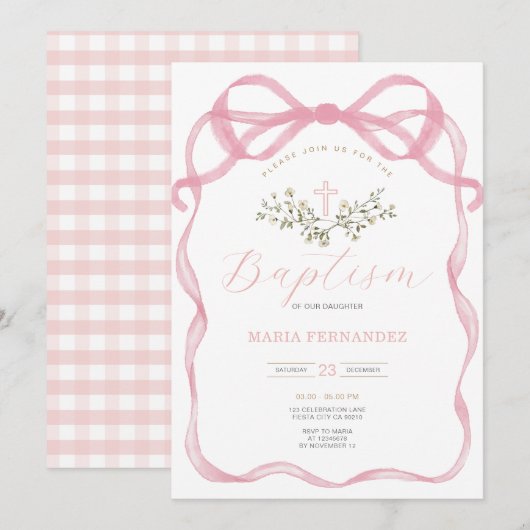 Pink Bow Cross Wildflowers doop Kaart (Voorkant / Achterkant)