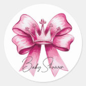 Pink Bow & Crown Baby shower Ronde Sticker (Voorkant)