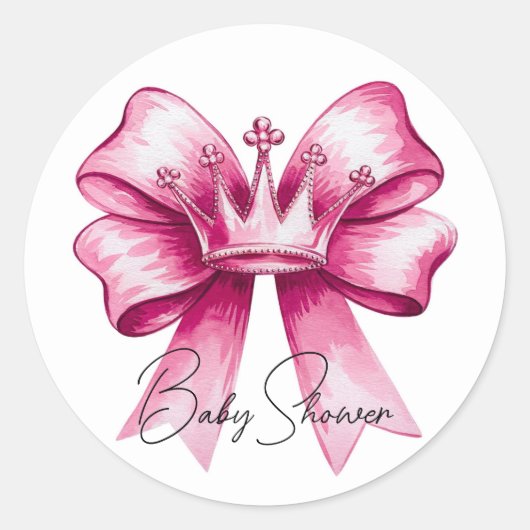 Pink Bow & Crown Baby shower Ronde Sticker (Voorkant)
