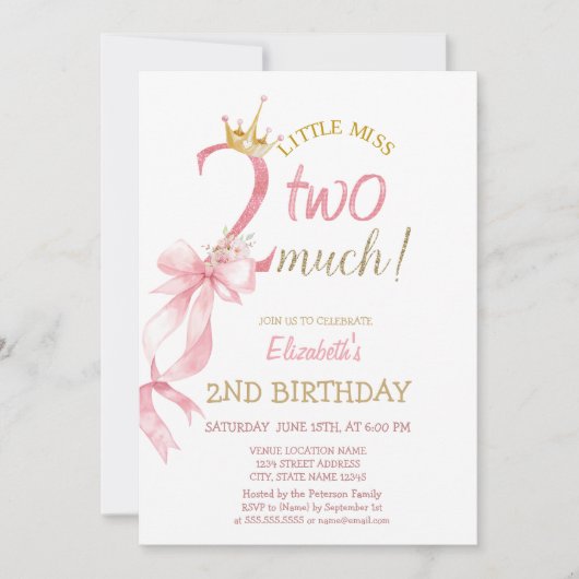 Pink Bow Crown Flowers Striped 2nd Birthday  Kaart (Voorkant)