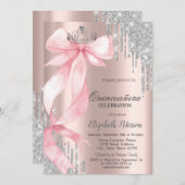 Pink Bow Crown Glitter Drips Rose Gold Quinceañera Kaart (Voorkant / Achterkant)