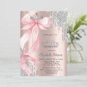 Pink Bow Crown Glitter Drips Rose Gold Sweet 16 Kaart (Staand voorkant)