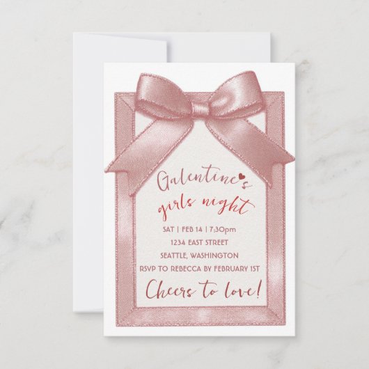 Pink Bow Custom Galentine's Party Invitation RSVP Kaartje (Voorkant)