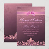 Pink Bow & Damask Sweet 16 Verjaardag Uitnodigen Kaart (Voorkant / Achterkant)