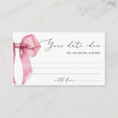 Pink Bow Date nacht ideeën. Datum potje bruidsspel Informatiekaartje (Voorkant)