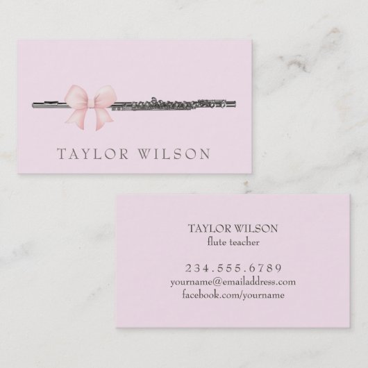 Pink Bow Design fluit leraar Visitekaartje (Voorkant / Achterkant)
