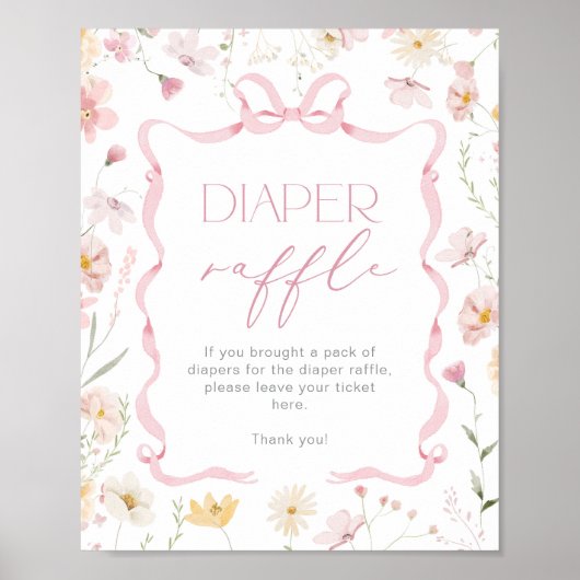 Pink Bow Diaper raffle Wildflower Baby shower Poster (Voorkant)