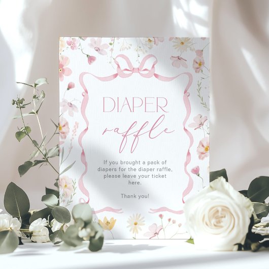 Pink Bow Diaper raffle Wildflower Baby shower Poster