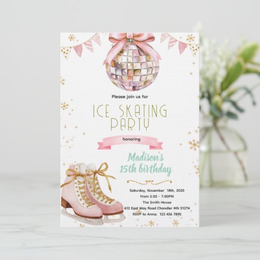 Pink bow disco ice skating party invitation kaart (Staand voorkant)