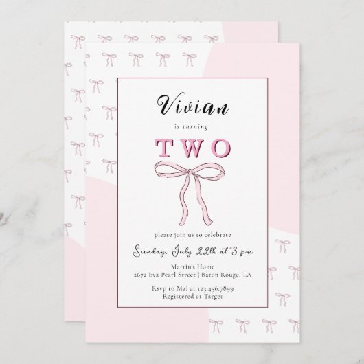 Pink Bow Doodle Girl 2e verjaardag Kaart (Voorkant / Achterkant)