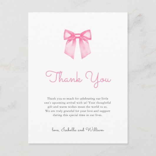 Pink Bow Elegant Baby shower Dank u Briefkaart (Voorkant)