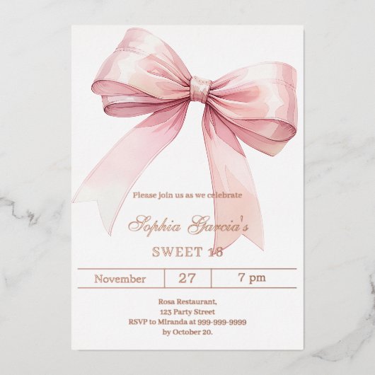 Pink bow elegant Sweet 16 rose gold Folie Uitnodiging (Voorkant)