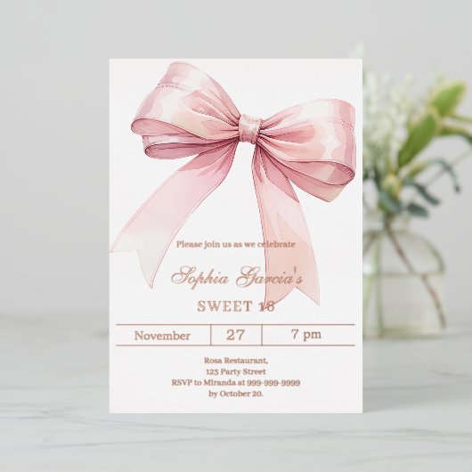 Pink bow elegant Sweet 16 rose gold Folie Uitnodiging (Staand Voorkant)