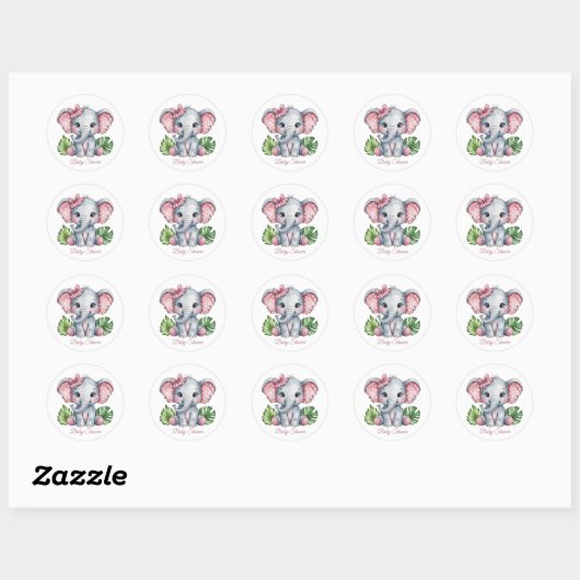 Pink Bow Elephant Girl Baby shower Ronde Sticker (Vel)