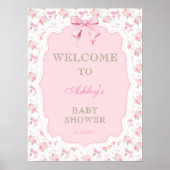 Pink Bow en Floral Meisje Baby shower Welkom Poster (Voorkant)