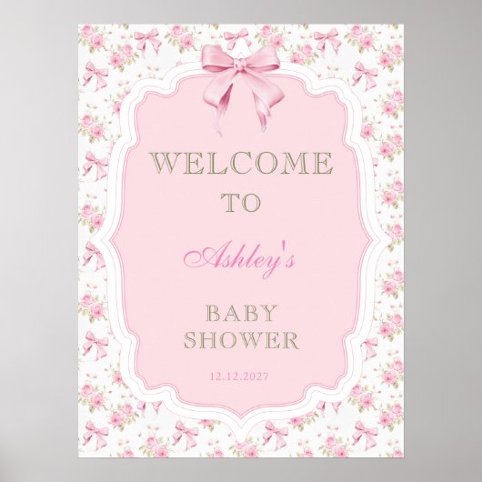Pink Bow en Floral Meisje Baby shower Welkom Poster (Voorkant)