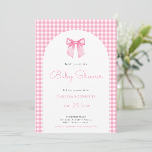 Pink Bow en Gingham Baby shower Kaart (Staand voorkant)