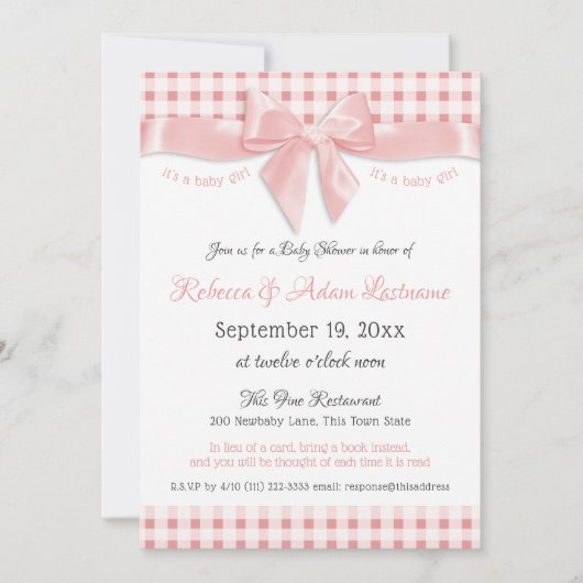 Pink Bow en Gingham Check Baby shower Kaart (Voorkant)