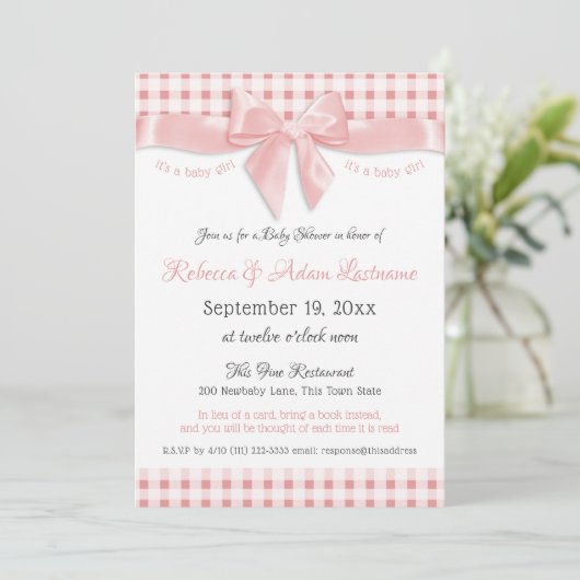 Pink Bow en Gingham Check Baby shower Kaart (Staand voorkant)