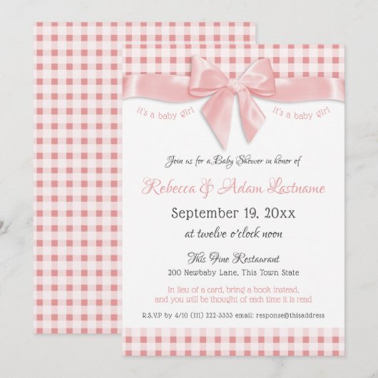 Pink Bow en Gingham Check Baby shower Kaart (Voorkant / Achterkant)