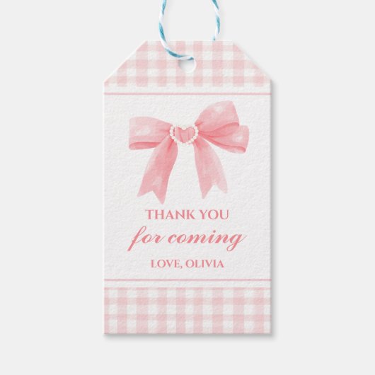 Pink Bow en Gingham preppy Coquette verjaardag Cadeaulabel (Voorkant)