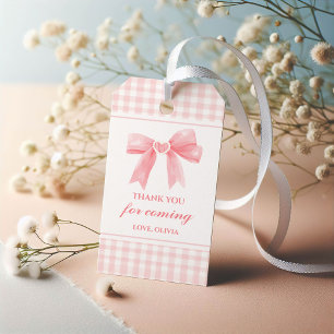 Pink Bow en Gingham preppy Coquette verjaardag Cadeaulabel