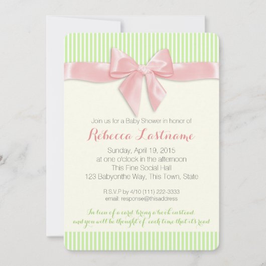 Pink Bow en Pin Stripes Baby shower Kaart (Voorkant)