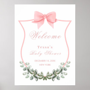 Pink Bow Eucalyptus Crest Baby shower Welkom Poster