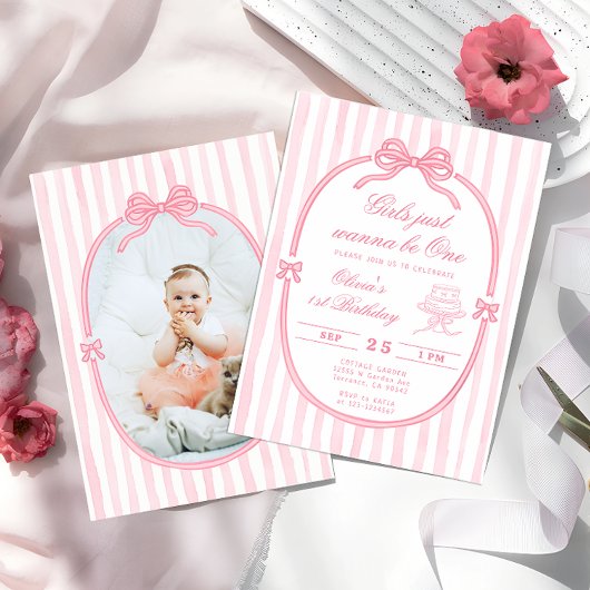 Pink Bow First Birthday Girl Invitation Kaart