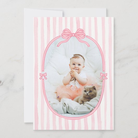 Pink Bow First Birthday Girl Invitation Kaart (Achterkant)