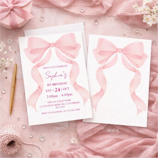 Pink Bow First Birthday Invitation Kaart