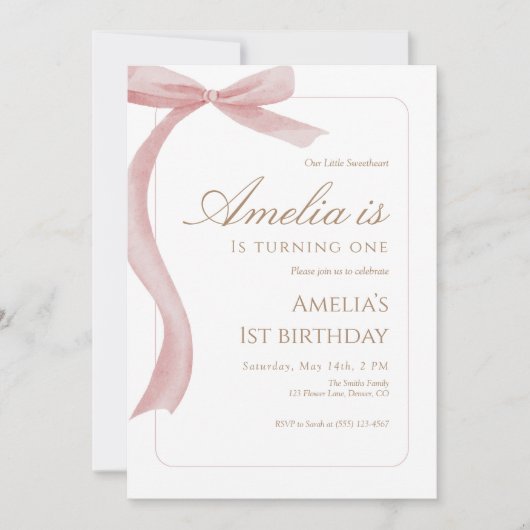Pink Bow First Birthday Invitation Watercolor  Kaart (Voorkant)