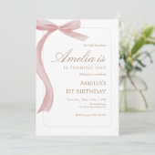 Pink Bow First Birthday Invitation Watercolor  Kaart (Staand voorkant)
