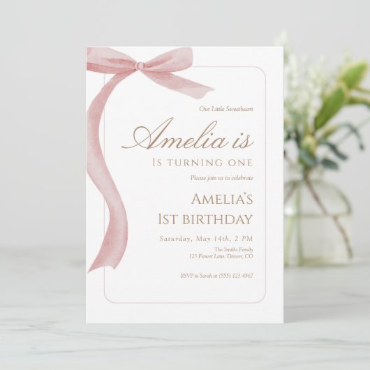 Pink Bow First Birthday Invitation Watercolor  Kaart (Staand voorkant)