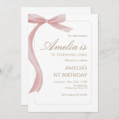 Pink Bow First Birthday Invitation Watercolor  Kaart (Voorkant / Achterkant)