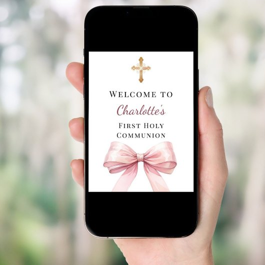 Pink bow First Holy Communion welcome Poster