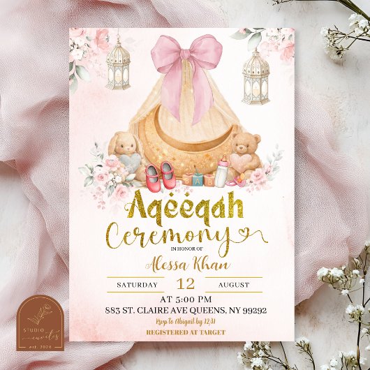 Pink Bow Floral Aqeeqah Girl Invitation Kaart