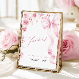 Pink Bow Floral Baby Shower Favors Table Sign Poster