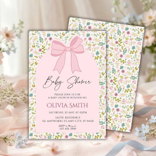 Pink Bow Floral Baby Shower Kaart