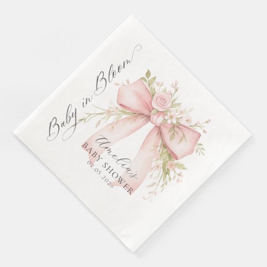 Pink Bow Floral Baby Shower Paper Napkin Servet (Hoek)