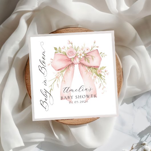 Pink Bow Floral Baby Shower Paper Napkin Servet