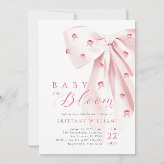 Pink Bow Floral Baby shower Uitnodiging (Voorkant)