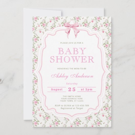 Pink Bow Floral Baby shower Uitnodiging (Voorkant)