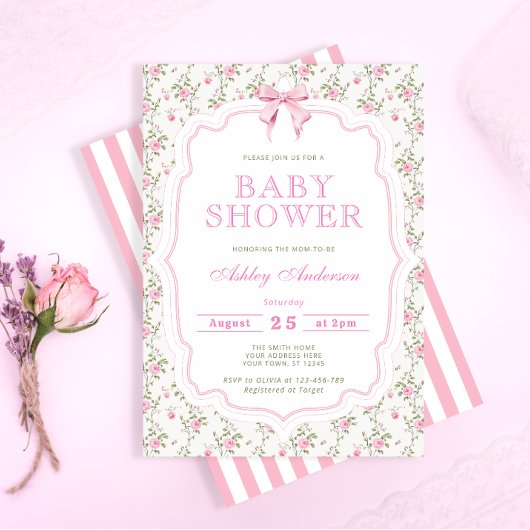 Pink Bow Floral Baby shower Uitnodiging