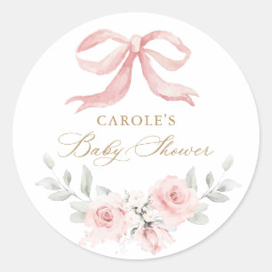 Pink Bow Floral Blush Baby Meisje Baby shower Ronde Sticker