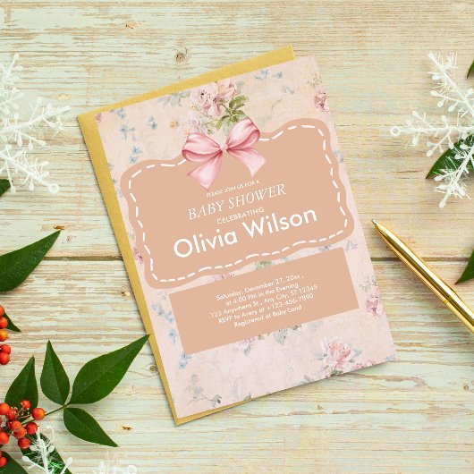 Pink Bow floral  Boho Baby shower Kaart