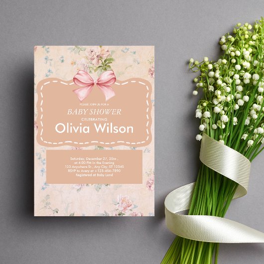 Pink Bow floral  Boho Baby shower Kaart
