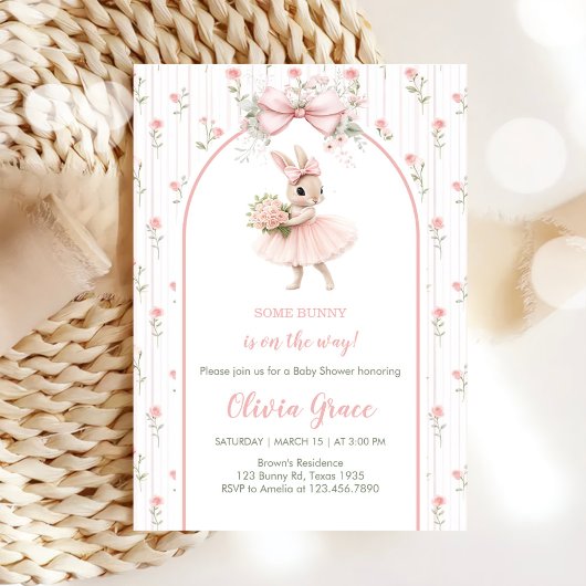 Pink Bow & Floral Bunny Baby Shower  Kaart